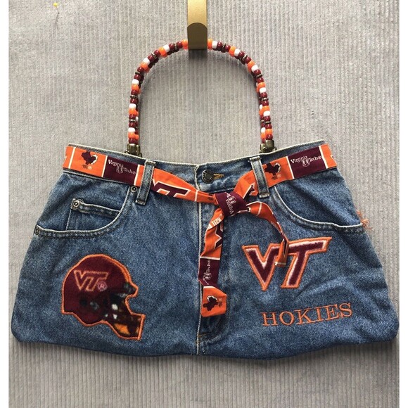 Denim Purse Blue Jean Pants Beaded Handle Pockets Fringe Virgina Tec Hokies - Picture 1 of 13